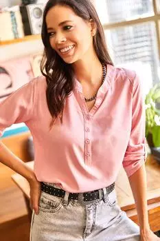 Женская вискозная блузка с пудровым воротником и рукавами на пуговицах Olalook, розовый