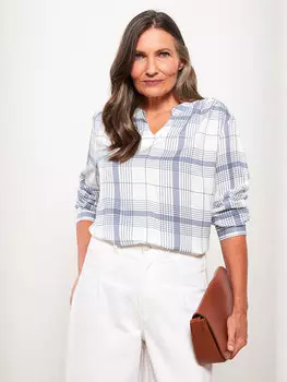 Женская вискозная блузка в клетку со свободным воротником и длинными рукавами LCW Grace, матовый синий плед
