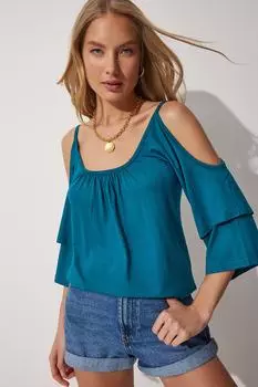 Женская вискозная трикотажная блузка с воланами зеленого цвета Happiness stanbul, синий