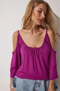 Женская вискозная трикотажная блузка сливового цвета с воланами Happiness stanbul, фиолетовый