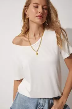 Женская вискозная трикотажная футболка цвета экрю с вырезом «лодочка» Happiness stanbul