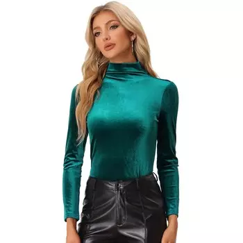 Женская водолазка, бархатный топ, рабочие рубашки с длинными рукавами, базовая велюровая блузка ALLEGRA K, зеленый