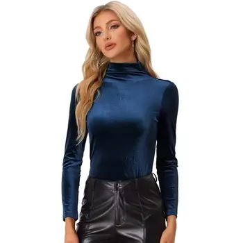 Женская водолазка, бархатный топ, рабочие рубашки с длинными рукавами, базовая велюровая блузка ALLEGRA K, цвет Dark Blue