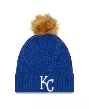 Женская вязаная шапка Royal Kansas City Royals Snowy с манжетами и помпоном New Era, синий