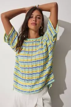 Женская зеленая ажурная трикотажная блузка в полоску Happiness stanbul, зеленый