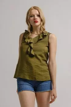 Женская зеленая блузка без рукавов с воротником с оборками armonika, зеленый