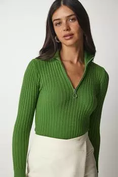 Женская зеленая блузка из трикотажа в рубчик на молнии с высоким воротником Happiness stanbul, зеленый