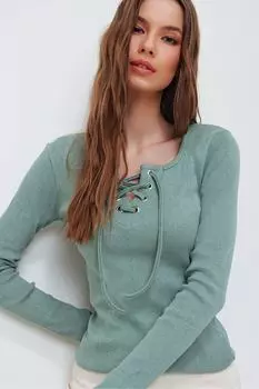 Женская зеленая блузка на шнуровке с птичьим глазом и кружевным воротником ALC-X5883 Trend Alaat Stili, зеленый