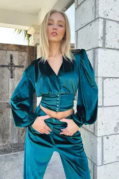 Женская зеленая блузка с глубоким v-образным вырезом и пуговицами Trend Alaat Stili, зеленый