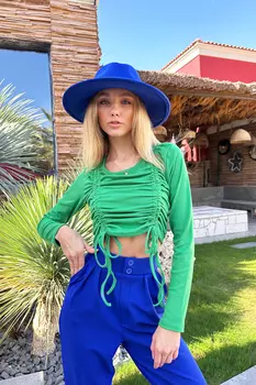 Женская зеленая блузка со сборками и круглым вырезом спереди Trend Alaat Stili, зеленый