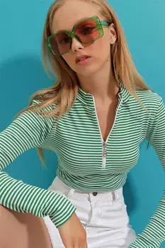 Женская зеленая блузка в полоску в рыбацкую полоску на молнии спереди Trend Alaat Stili, зеленый