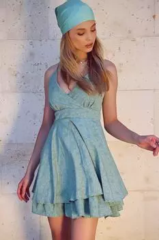 Женская зеленая двубортная юбка с воротником и воланами на спине, тканое платье с перекрестными бретелями Trend Alaat Stili, зеленый