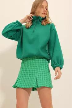 Женская зеленая флисовая толстовка с воротником стойкой на молнии ALC-X11316 Trend Alaat Stili, зеленый