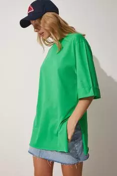 Женская зеленая футболка оверсайз из чесаного хлопка с разрезом по бокам Happiness stanbul, зеленый