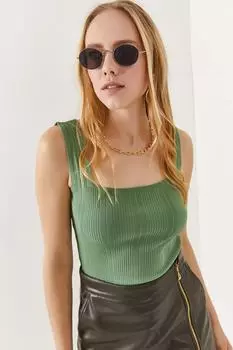 Женская зеленая кордовая юбка с квадратным вырезом и детальная укороченная трикотажная блузка Olalook, зеленый