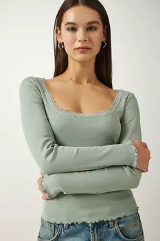 Женская зеленая кружевная трикотажная блузка с деталями Happiness stanbul, зеленый