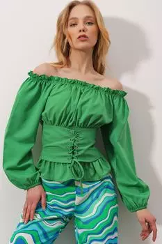 Женская зеленая тканая блузка с воротником Мадонны на талии и лифом со шнуровкой ALC-X9919 Trend Alaat Stili, зеленый