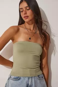 Женская зеленая трикотажная блузка без бретелек песочного цвета Happiness stanbul, хаки