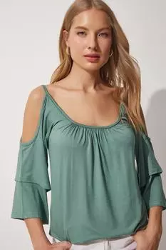 Женская зеленая трикотажная блузка на бретелях из вискозы Happiness stanbul, зеленый