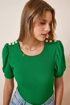 Женская зеленая трикотажная блузка на пуговицах Happiness stanbul, зеленый