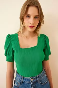 Женская зеленая трикотажная блузка с квадратным воротником и воздушными рукавами Happiness stanbul, зеленый
