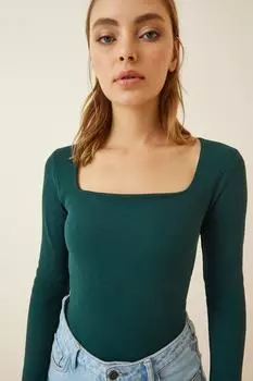 Женская зеленая трикотажная блузка с квадратным вырезом Happiness stanbul, зеленый