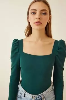Женская зеленая трикотажная блузка с квадратным вырезом и рукавами принцессы Happiness stanbul, зеленый