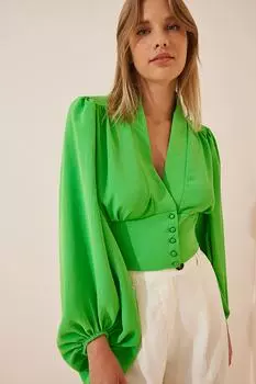 Женская зеленая укороченная блузка Airobin на пуговицах с v-образным вырезом Happiness stanbul, зеленый