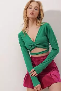 Женская зеленая укороченная блузка песочного цвета с v-образным вырезом спереди и завязкой на талии ALC-X9882 Trend Alaat Stili, зеленый