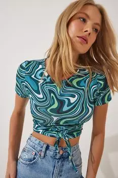 Женская зеленая укороченная блузка песочного цвета со сборками Happiness stanbul, зеленый