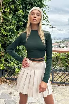 Женская зеленая укороченная блузка с круглым вырезом и завязкой на талии Trend Alaat Stili, зеленый