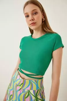 Женская зеленая вельветовая укороченная блузка с завязками Happiness stanbul, зеленый