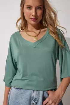 Женская зеленая вискозная футболка с v-образным вырезом Happiness stanbul, зеленый