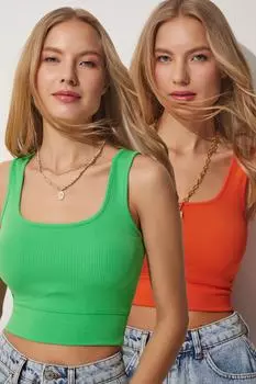 Женская зелено-оранжевая укороченная блузка с квадратным вырезом и бретельками Happiness stanbul, разноцветный