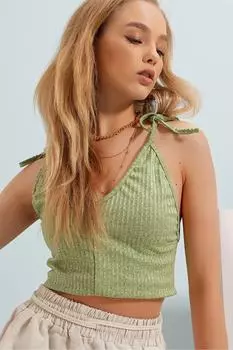 Женская зелено-зеленая укороченная блузка с v-образным вырезом спереди и сзади Trend Alaat Stili, зеленый