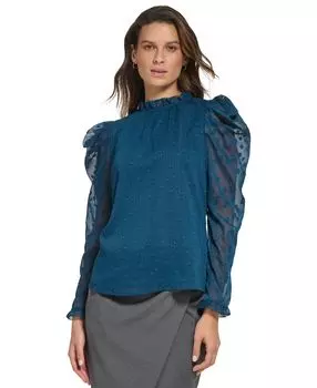 Женская жаккардовая пышная блуза с длинными рукавами и оборками DKNY, мульти