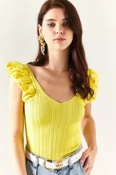 Женская желтая трикотажная блузка с V-образным вырезом спереди и сзади Olalook, желтый