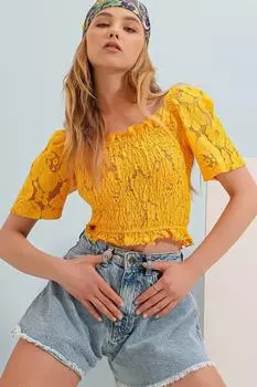 Женская желтая укороченная блузка из жаккардового кружева с квадратным воротником ALC-X8314 Trend Alaat Stili, желтый