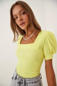 Женская желтая вязаная блузка с квадратным воротником и воздушными рукавами Happiness stanbul, желтый