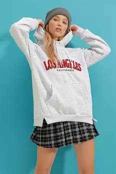 Женская зимняя толстовка Grimelange с карманом-кенгуру и гладкой вышивкой из флиса ALC-X9269 Trend Alaat Stili, серый