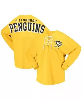 Женская золотая трикотажная футболка Pittsburgh Penguins Spirit на шнуровке с v-образным вырезом и длинными рукавами Fanatics, золотой
