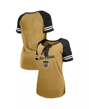Женская золотисто-черная футболка New Orleans Saints Legacy со шнуровкой реглан New Era