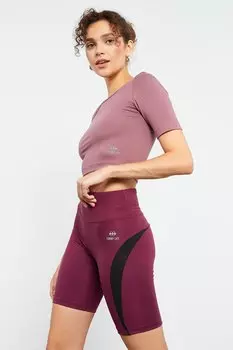 Женские эластичные байкерские тайтсы бордового цвета с высокой талией и полосками TOMMYLIFE