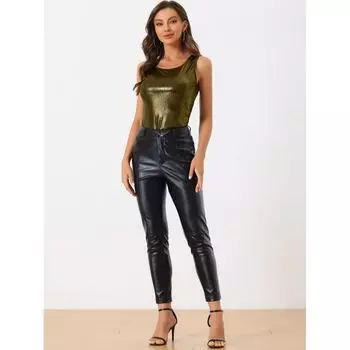 Женские эластичные облегающие топы с металлизированным вырезом и U-образным вырезом ALLEGRA K, черный