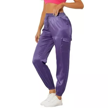 Женские эластичные однотонные брюки-карго из шелковистого атласа с высокой посадкой на шнурке ALLEGRA K, фиолетовый