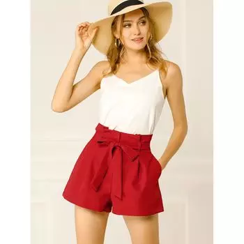 Женские элегантные плиссированные шорты с поясом и завязками на поясе с высокой талией и бумажной сумкой ALLEGRA K, розовый