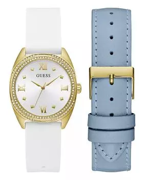 Женские аналоговые часы из белого силикона и синей натуральной кожи, 34 мм GUESS, белый