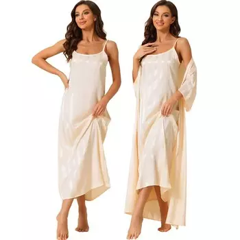 Женские атласные пижамы из 2 предметов, шелковистые ночные рубашки с рукавами 3/4 в полоску и халаты Cheibear, цвет Champagne