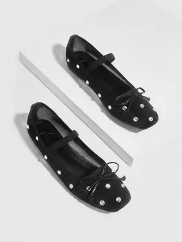 Женские балетки DOLLMOD на плоской подошве, бантик с синтетическими бриллиантами, сетка персикового цвета, мода на Хэллоуин и Рождество Cuccoo, черный