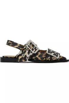 Женские балетки с пряжкой из сатина Ganni, цвет leopard